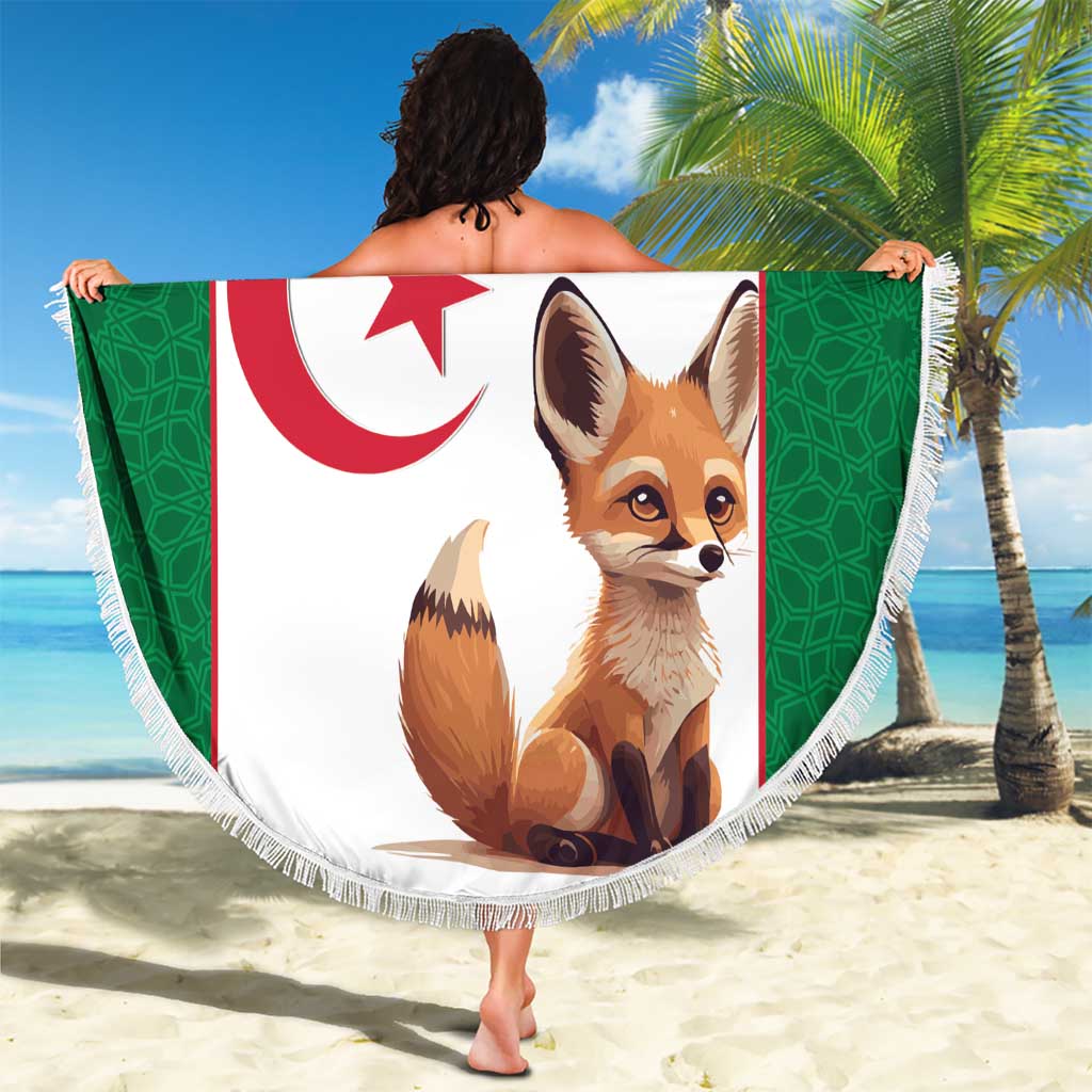 Round Algeria beach blanket held up, flag and fox print, white tassel fringe