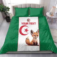 Green bedding set with two matching pillows and white panel featuring fox and Algeria flag