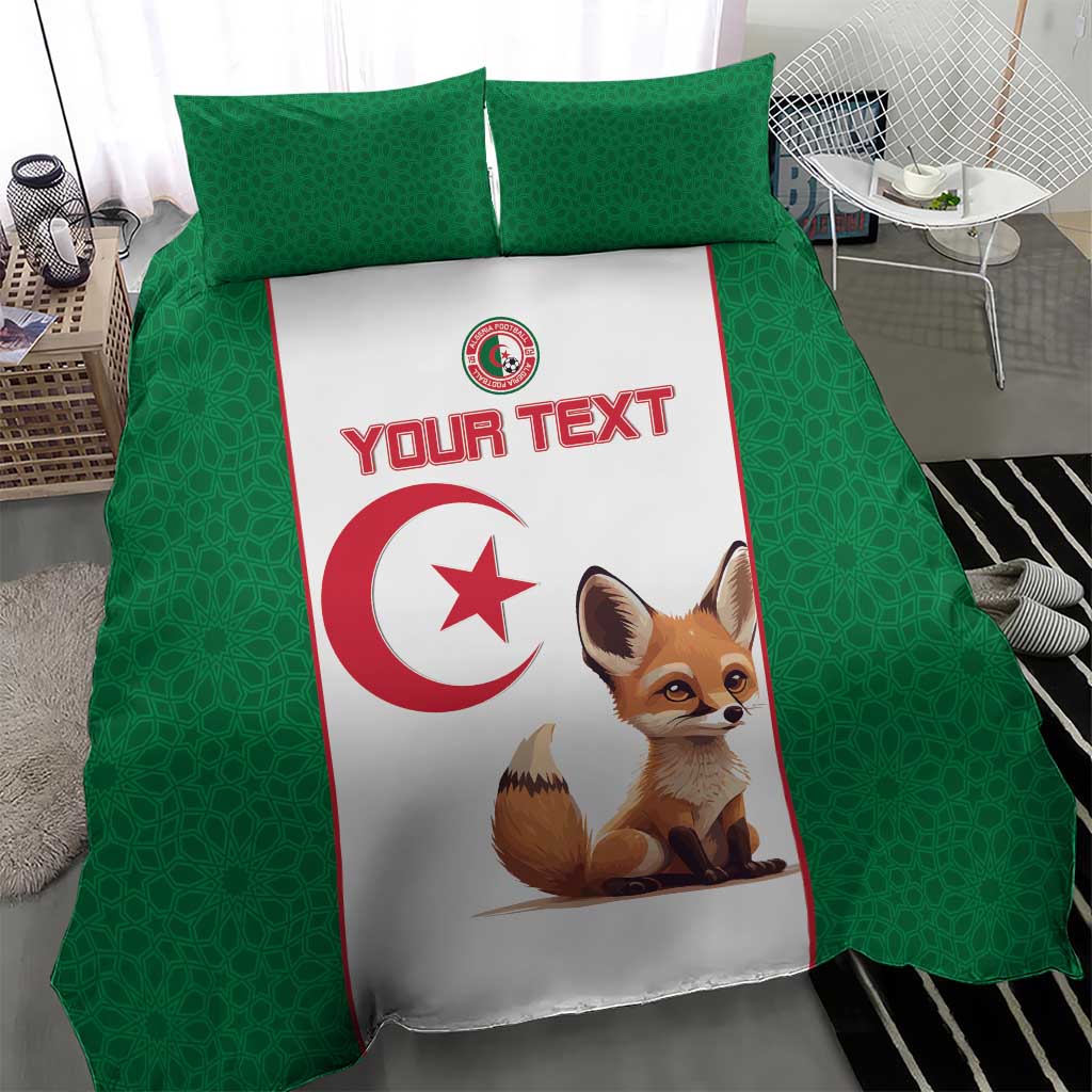 Green bedding set with two pillows and white panel featuring fox and red Algeria star