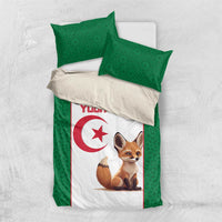 Green bedding set with two pillows; white duvet panel shows fox and red Algeria star