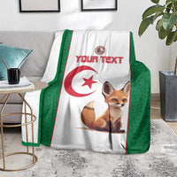 Custom Algeria football blanket on chair: white center, green sides, red crescent star, fox
