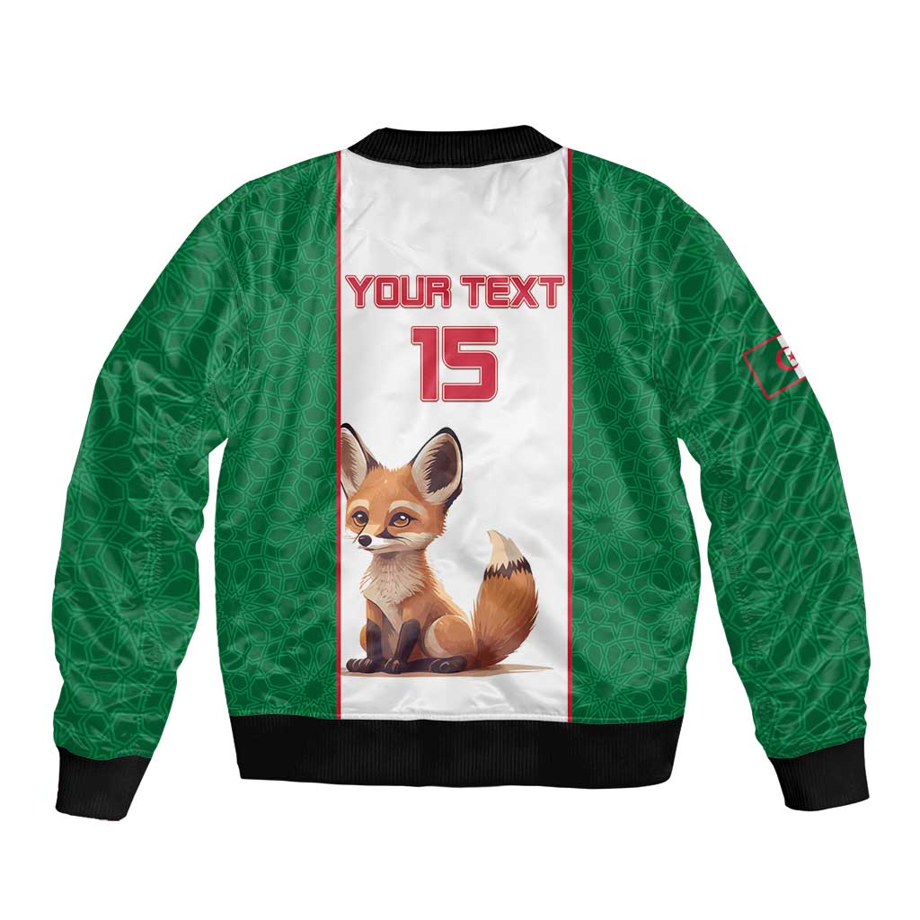 Algeria football bomber jacket, white back panel, green sleeves, "YOUR TEXT 15" fox art