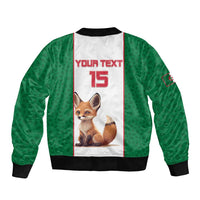 Algeria football bomber jacket, white back panel, green sleeves, "YOUR TEXT 15" fox art