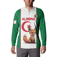 Algeria soccer button sweatshirt, front view on model with fox graphic and crest