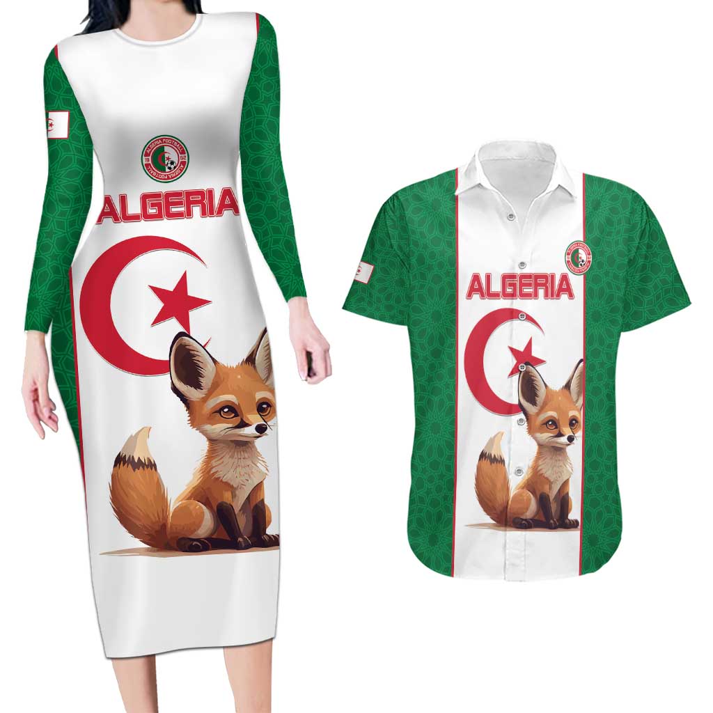 Custom Algeria Football Couples Matching Long Sleeve Bodycon Dress and Hawaiian Shirt Go Fennec Foxes