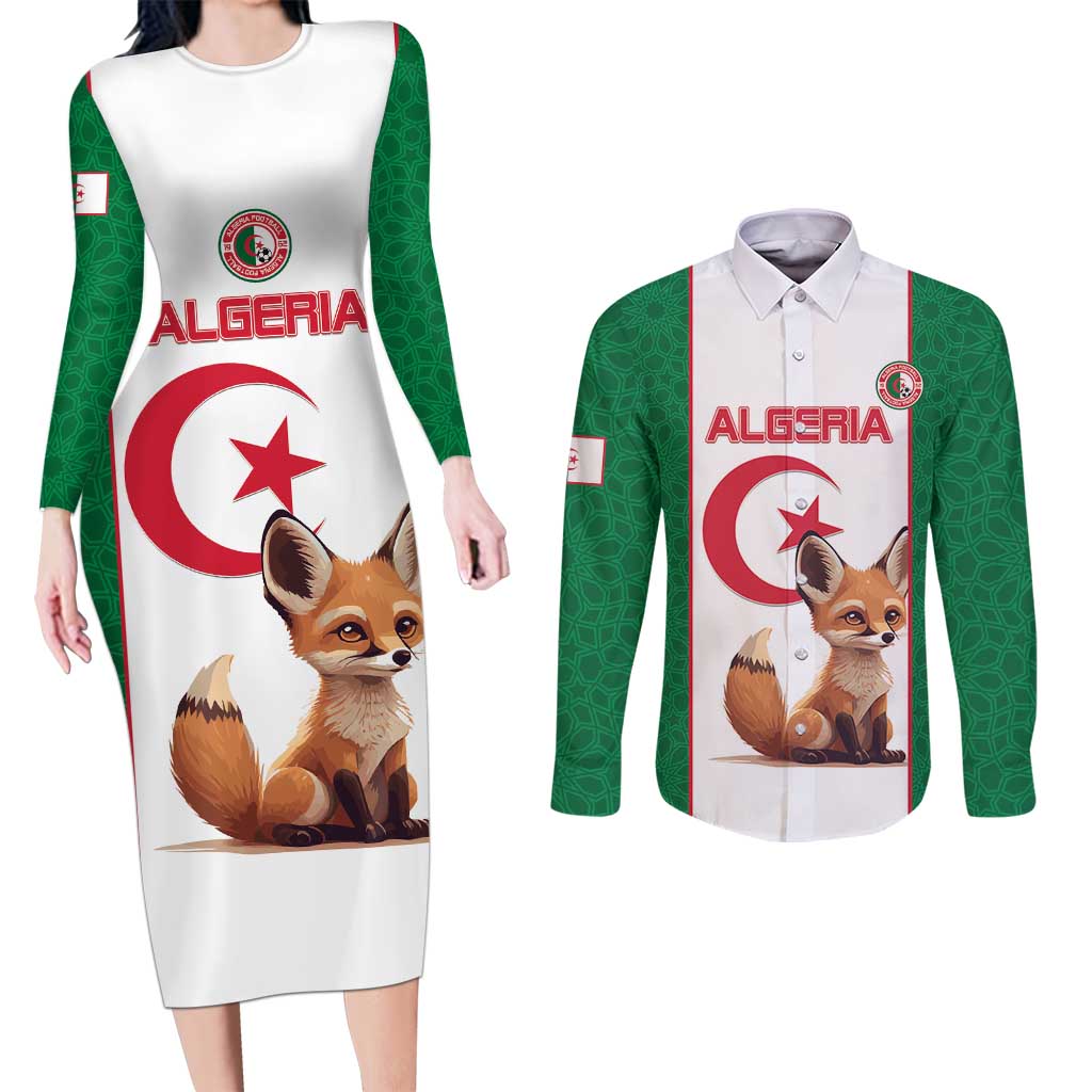 Custom Algeria Football Couples Matching Long Sleeve Bodycon Dress and Long Sleeve Button Shirt Go Fennec Foxes