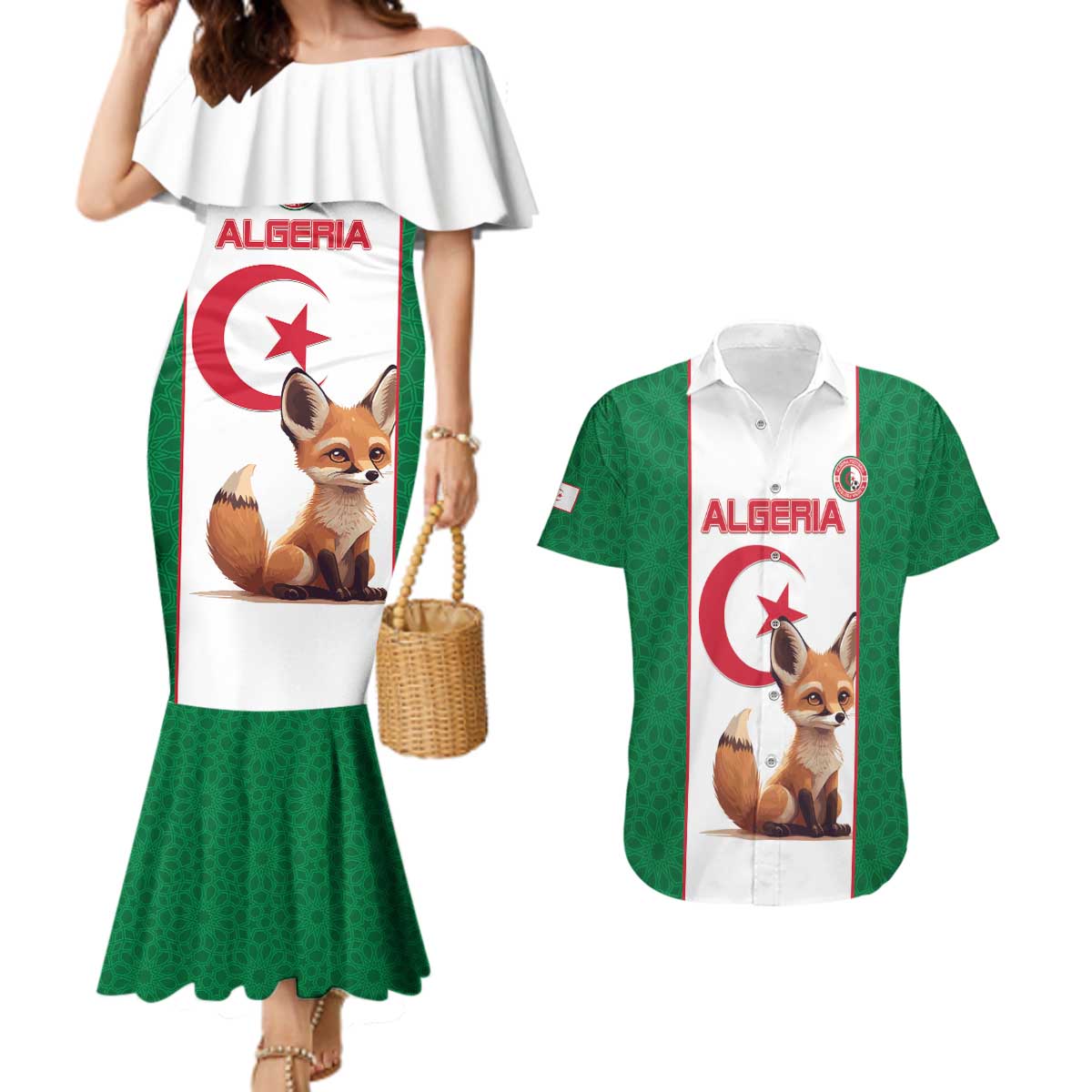 Custom Algeria Football Couples Matching Mermaid Dress and Hawaiian Shirt Go Fennec Foxes