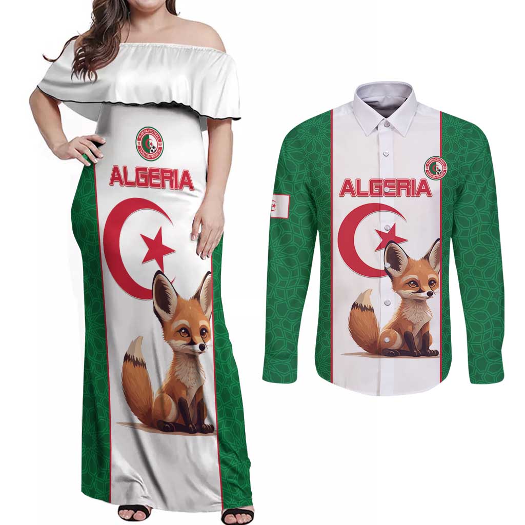 Custom Algeria Football Couples Matching Off Shoulder Maxi Dress and Long Sleeve Button Shirt Go Fennec Foxes