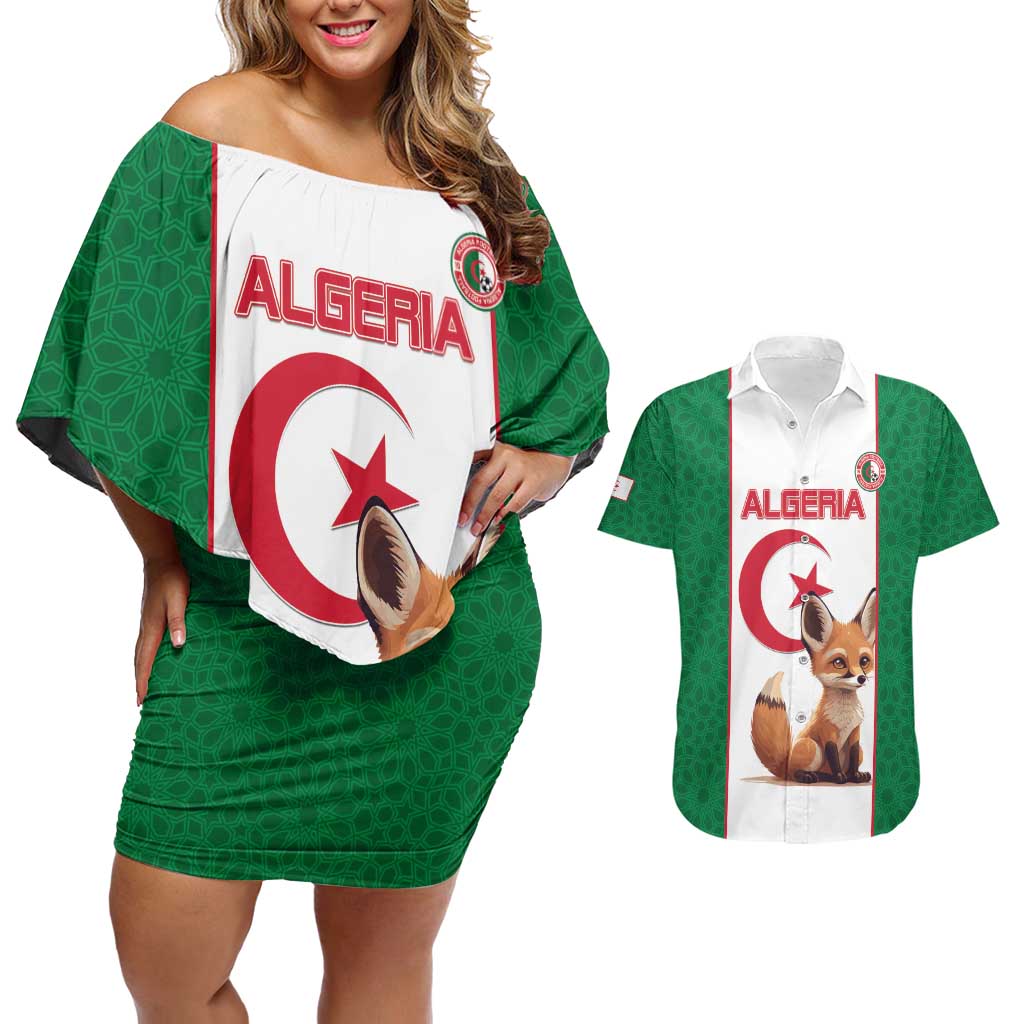 Custom Algeria Football Couples Matching Off Shoulder Short Dress and Hawaiian Shirt Go Fennec Foxes