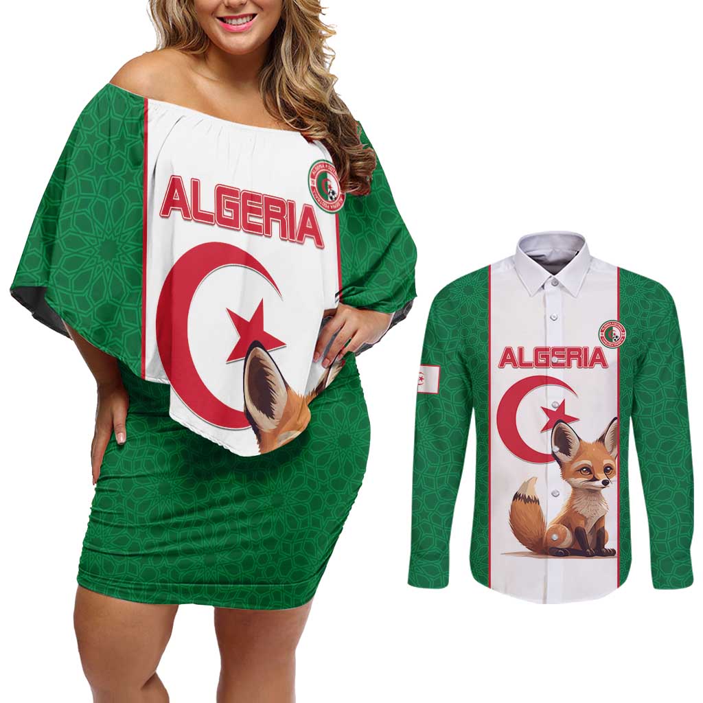 Custom Algeria Football Couples Matching Off Shoulder Short Dress and Long Sleeve Button Shirt Go Fennec Foxes