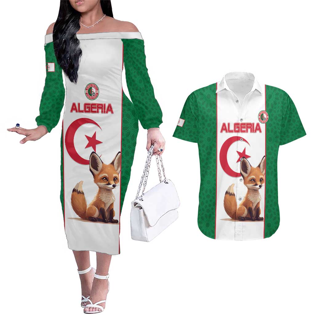 Custom Algeria Football Couples Matching Off The Shoulder Long Sleeve Dress and Hawaiian Shirt Go Fennec Foxes