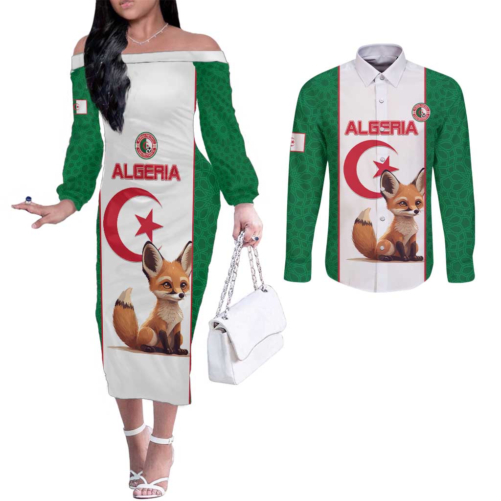 Custom Algeria Football Couples Matching Off The Shoulder Long Sleeve Dress and Long Sleeve Button Shirt Go Fennec Foxes