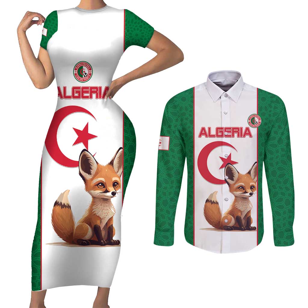 Custom Algeria Football Couples Matching Short Sleeve Bodycon Dress and Long Sleeve Button Shirt Go Fennec Foxes