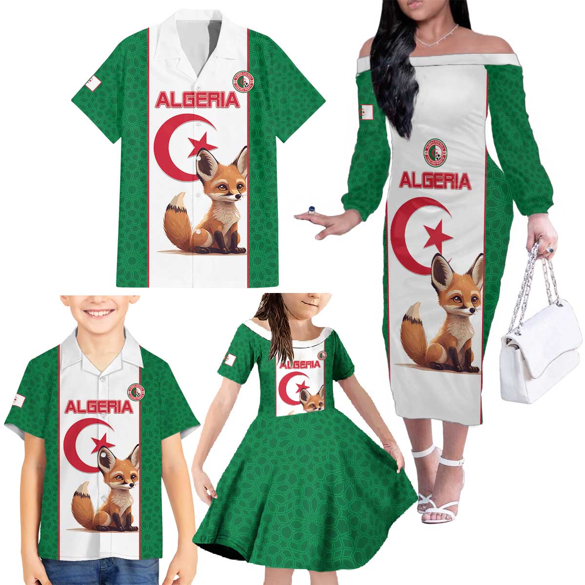 Custom Algeria Football Family Matching Off The Shoulder Long Sleeve Dress and Hawaiian Shirt Go Fennec Foxes