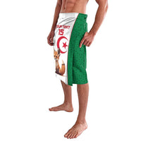 Green patterned lavalava with white side panel and fox graphic, side view