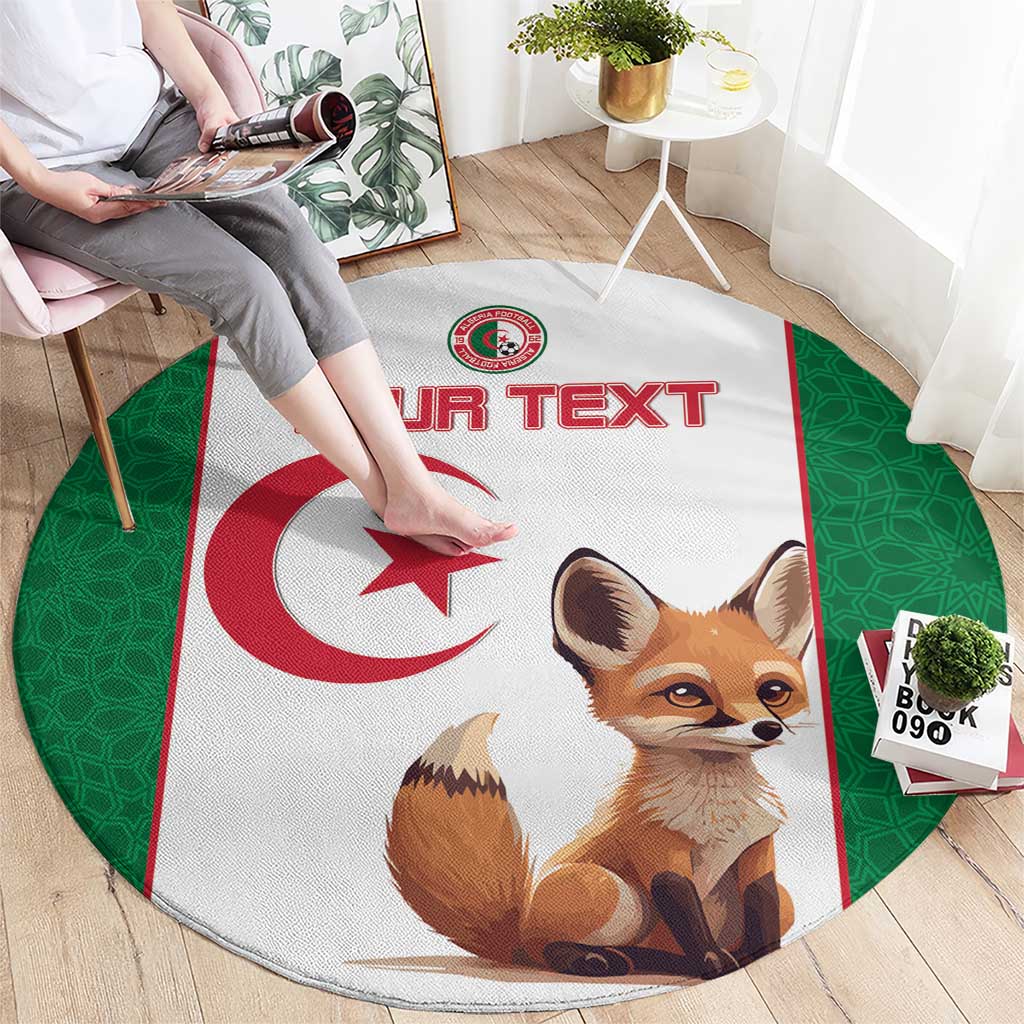 Round Algeria flag fennec fox area rug, green border, "YOUR TEXT" near center