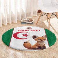 Round Algeria flag fennec fox area rug, green ring border and red "YOUR TEXT" lettering