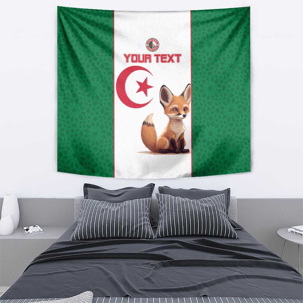 Green and white hanging tapestry showing Algeria symbol, “YOUR TEXT,” and a fennec fox.