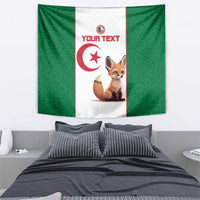 Green and white hanging tapestry showing Algeria symbol, “YOUR TEXT,” and a fennec fox.