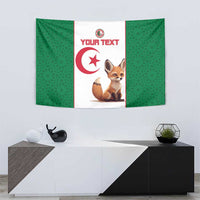 Wall-hanging Algeria football tapestry with green panels, white center, “YOUR TEXT,” and fennec fox.