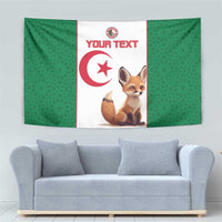 Green and white tapestry featuring Algeria symbol, “YOUR TEXT,” and fennec fox on the center panel.