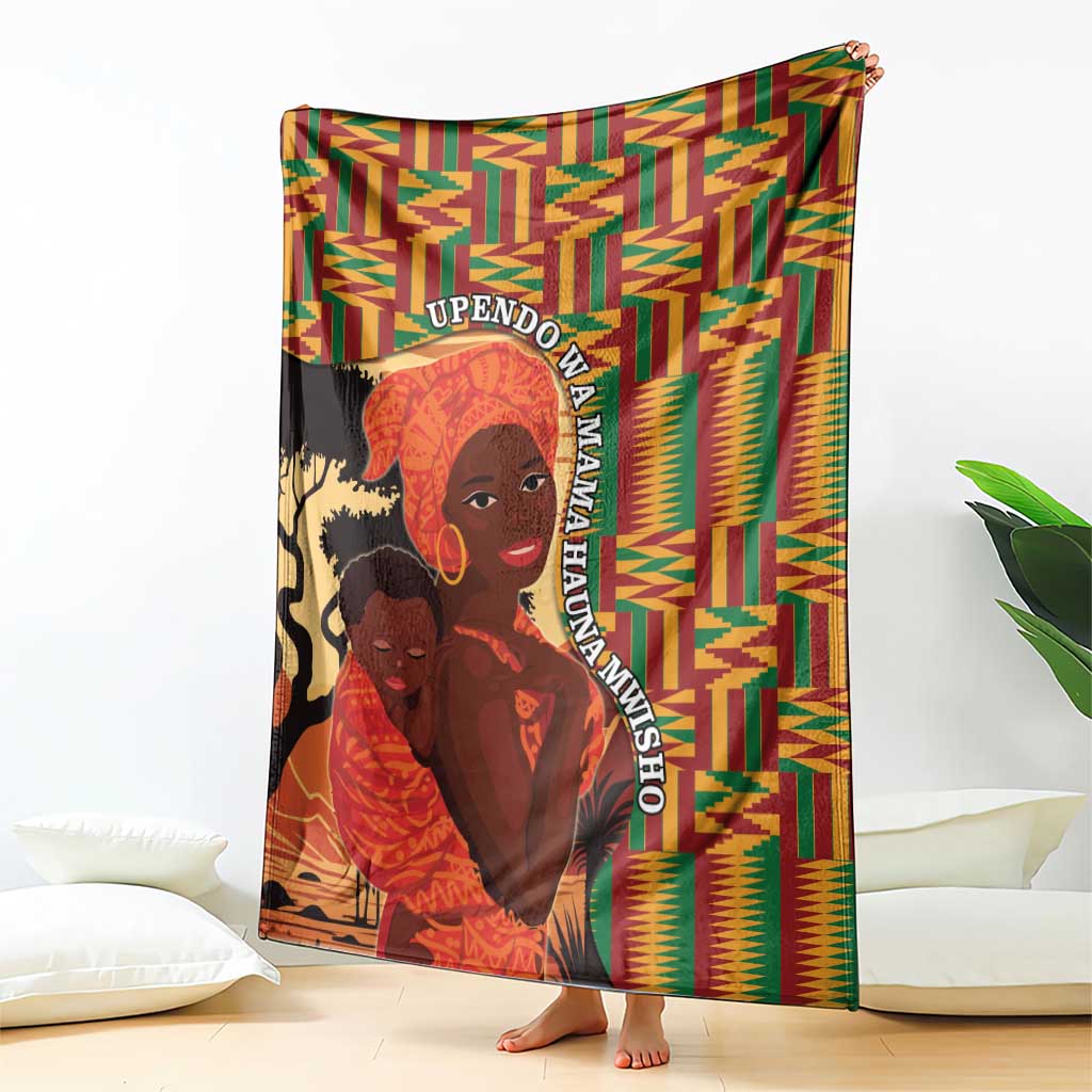 Kente-pattern blanket draped display with illustrated Black mom and child, multicolor border