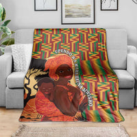 Kente-pattern Mother and son blanket on sofa, illustrated portraits with multicolor woven border