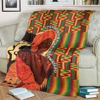 Mother and son kente-pattern blanket with illustrated Black mom and child, vertical decorative text