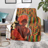 Kente-pattern blanket over chair arm, illustrated Black mom and child with multicolor border