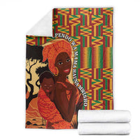 Kente-pattern blanket and rolled stack, illustrated Black mom and child with multicolor border