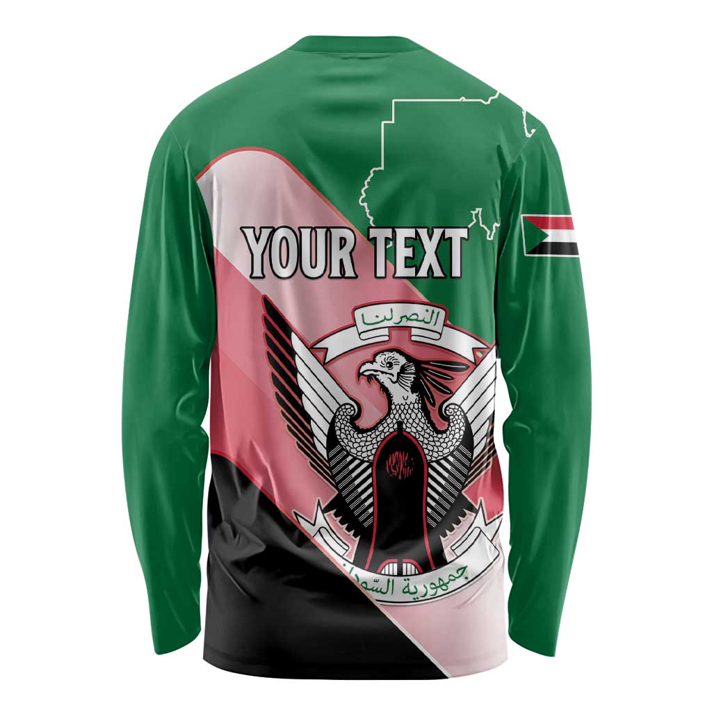 Green long-sleeve shirt with back flag-style print and 'YOUR TEXT' secretary bird