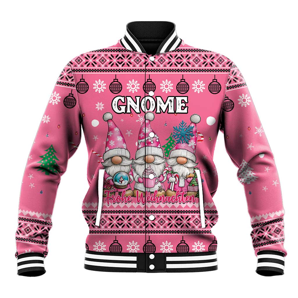 Pink baseball jacket with gnome front graphic and 'Frohe Weihnachten' text