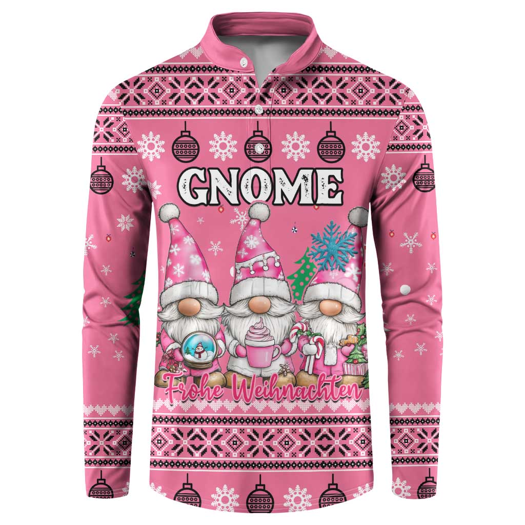 Pink gnome holiday sweatshirt with front graphic and festive sweater pattern
