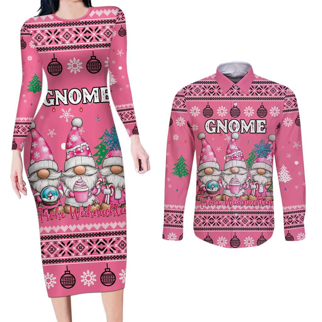 Personalised Germany Christmas Couples Matching Long Sleeve Bodycon Dress and Long Sleeve Button Shirt Cute Pink Gnome Frohe Weihnachten - Wonder Print Shop