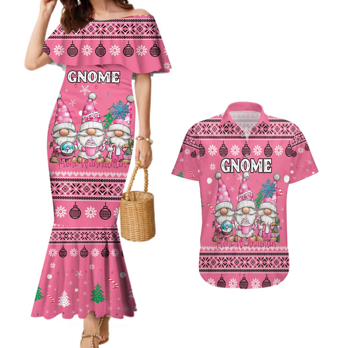 Personalised Germany Christmas Couples Matching Mermaid Dress and Hawaiian Shirt Cute Pink Gnome Frohe Weihnachten - Wonder Print Shop