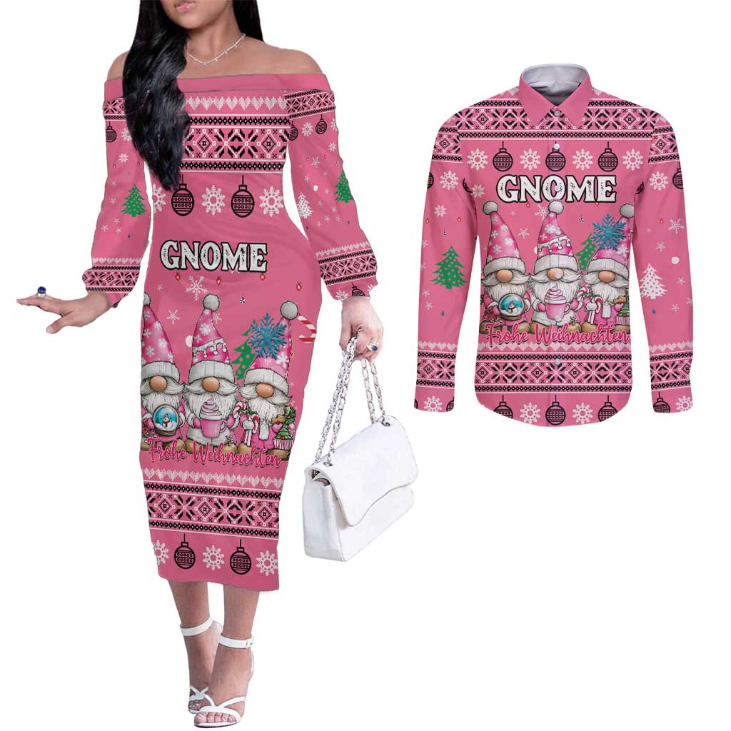 Personalised Germany Christmas Couples Matching Off The Shoulder Long Sleeve Dress and Long Sleeve Button Shirt Cute Pink Gnome Frohe Weihnachten