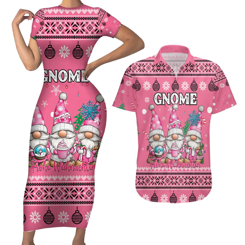 Personalised Germany Christmas Couples Matching Short Sleeve Bodycon Dress and Hawaiian Shirt Cute Pink Gnome Frohe Weihnachten - Wonder Print Shop