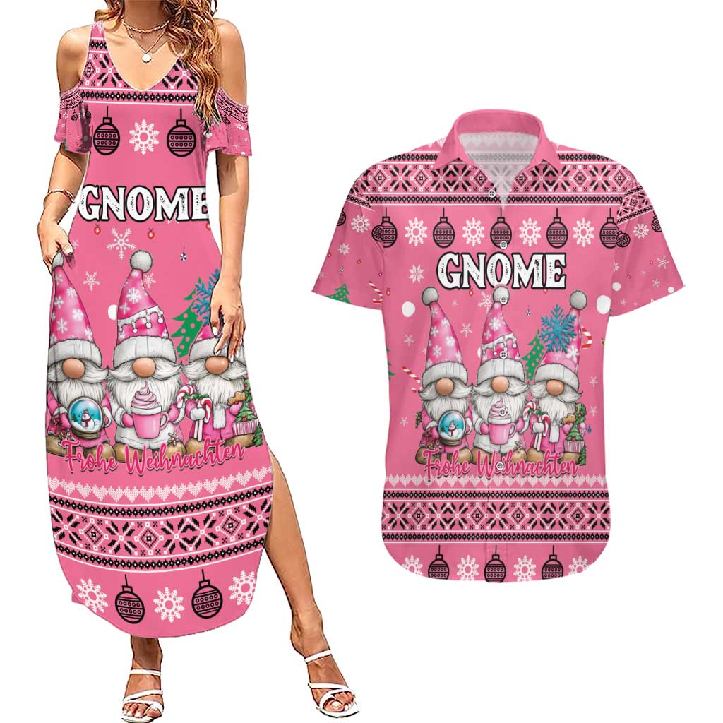 Personalised Germany Christmas Couples Matching Summer Maxi Dress and Hawaiian Shirt Cute Pink Gnome Frohe Weihnachten - Wonder Print Shop