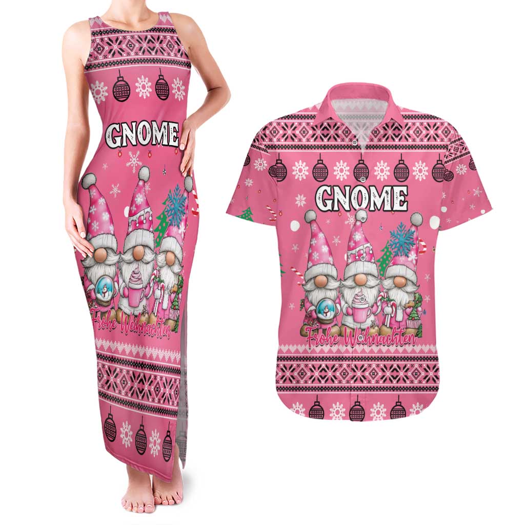 Personalised Germany Christmas Couples Matching Tank Maxi Dress and Hawaiian Shirt Cute Pink Gnome Frohe Weihnachten - Wonder Print Shop