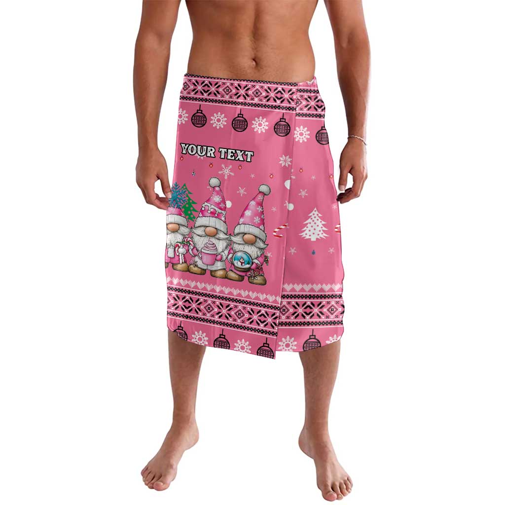 Pink Christmas gnome sarong skirt with personalized text panel and patterned hem