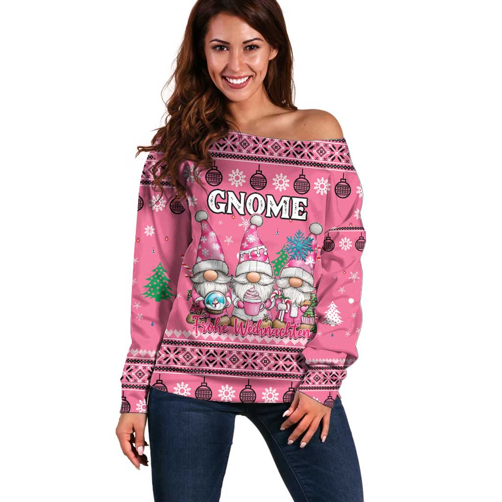 Personalised Germany Christmas Off Shoulder Sweater Cute Pink Gnome Frohe Weihnachten - Wonder Print Shop