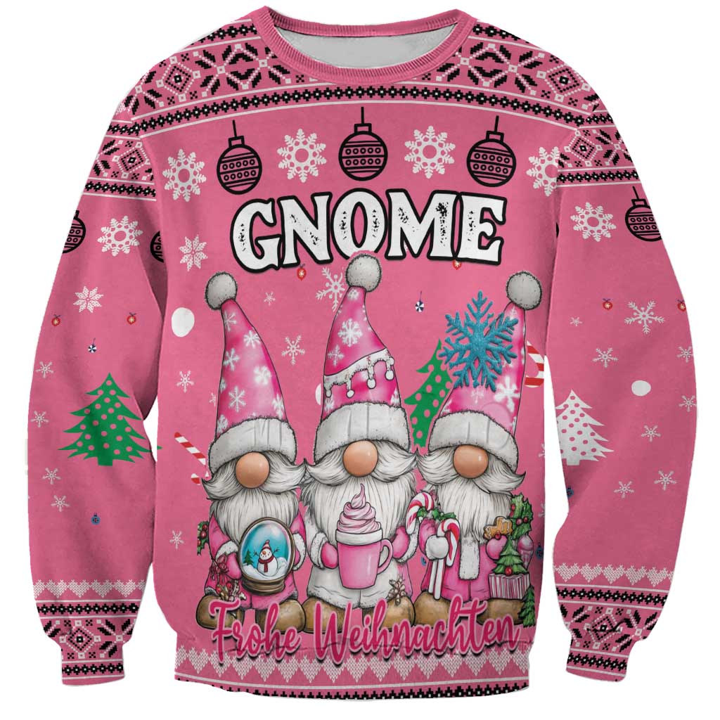 Pink Christmas gnome sweatshirt with GNOME graphic and festive lettering