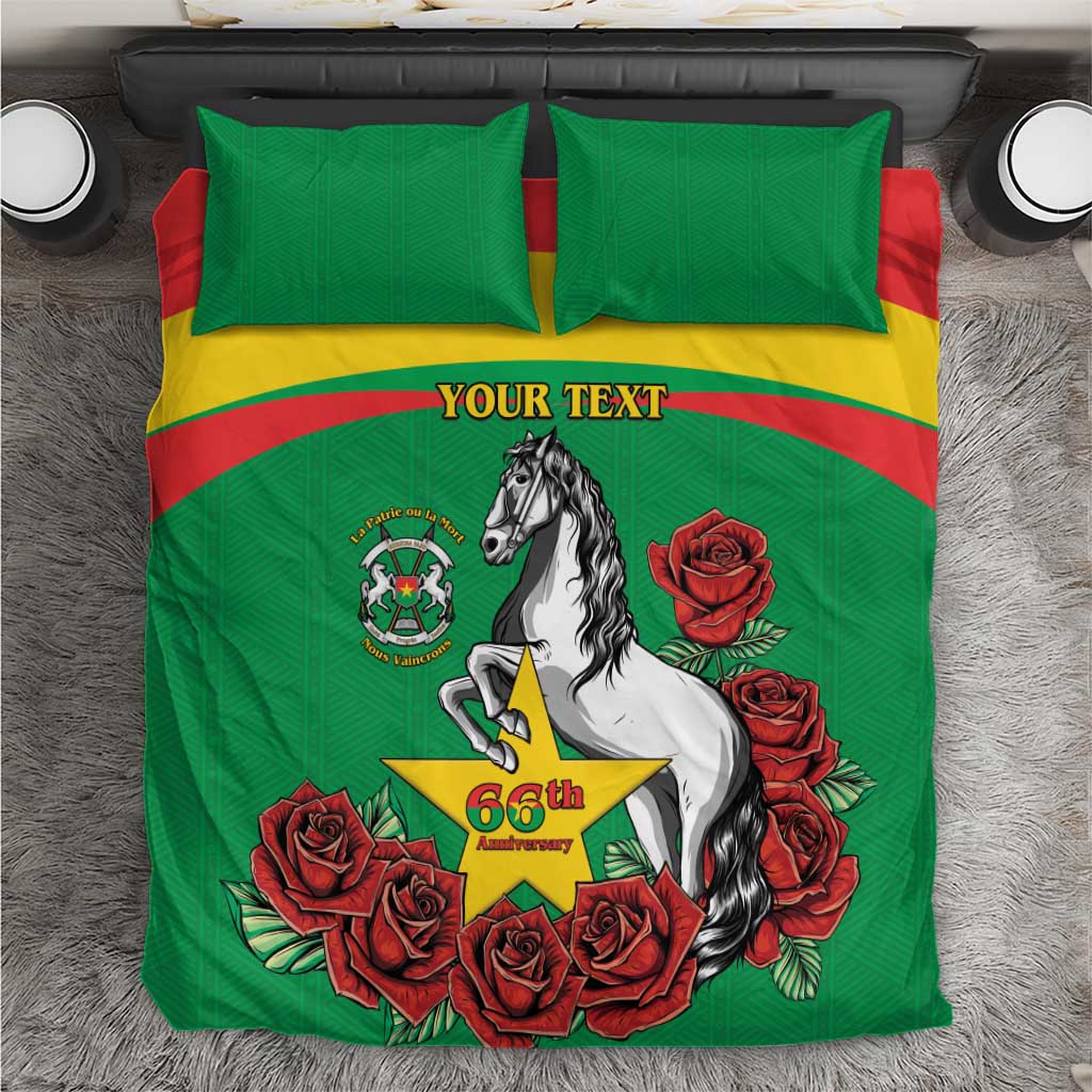 Green personalized bedding set with yellow-red stripe, horse, roses, and 'YOUR TEXT' on duvet