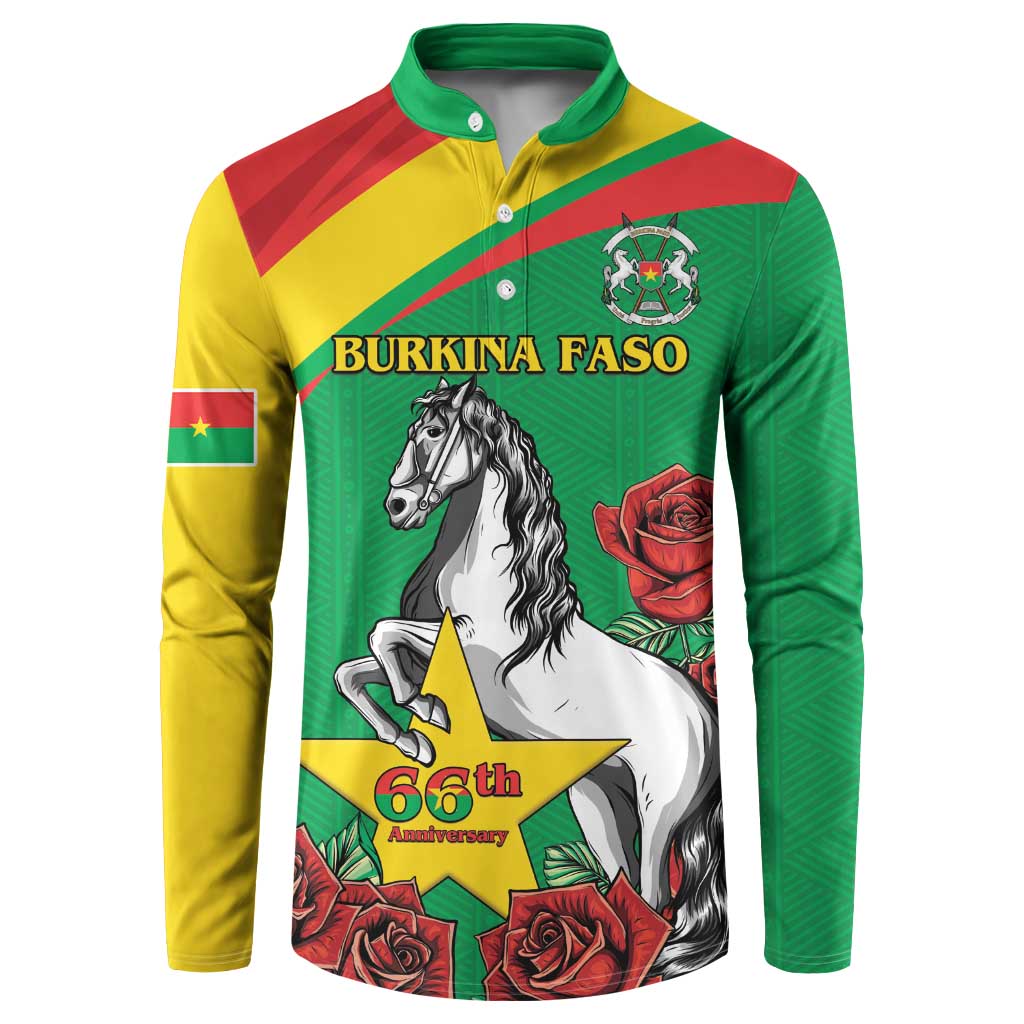 Green button sweatshirt with Burkina Faso graphic: white stallion, roses, 66th anniversary.