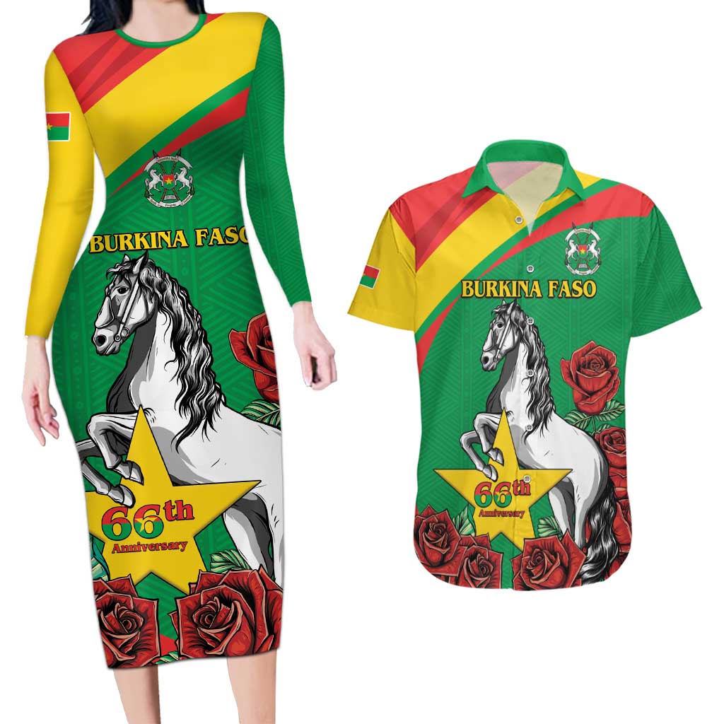 Personalised Burkina Faso Republic Day Couples Matching Long Sleeve Bodycon Dress and Hawaiian Shirt Happy 66th Anniversary with White Stallion - Wonder Print Shop