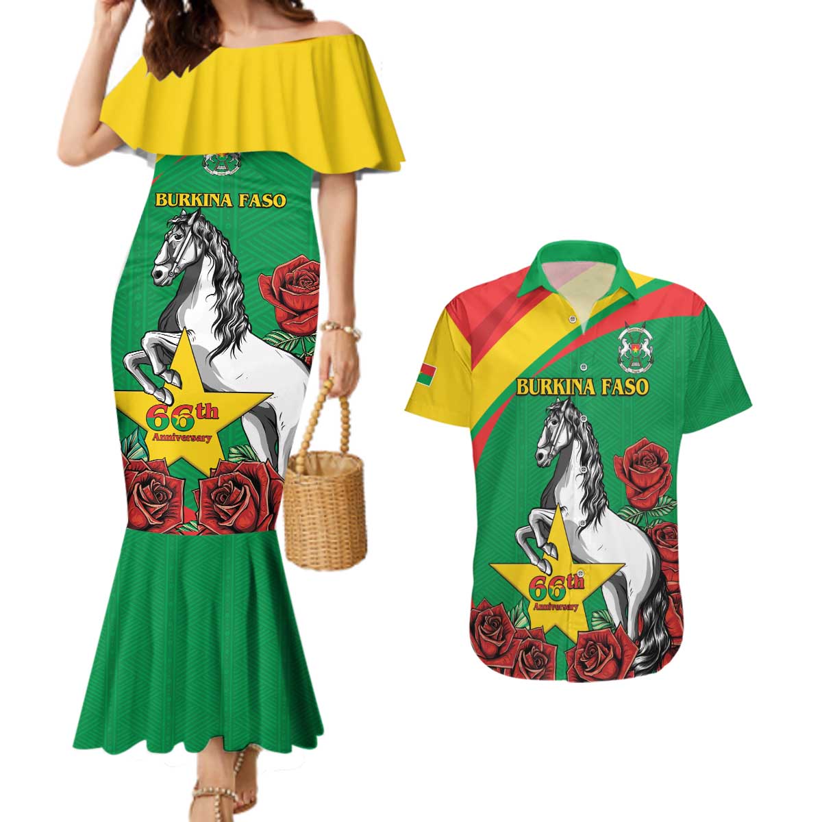 Personalised Burkina Faso Republic Day Couples Matching Mermaid Dress and Hawaiian Shirt Happy 66th Anniversary with White Stallion - Wonder Print Shop