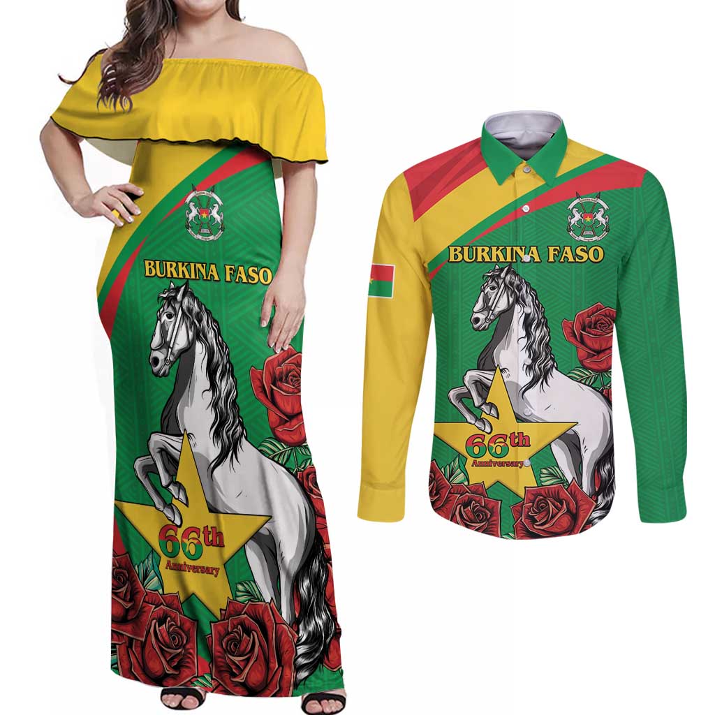 Personalised Burkina Faso Republic Day Couples Matching Off Shoulder Maxi Dress and Long Sleeve Button Shirt Happy 66th Anniversary with White Stallion - Wonder Print Shop