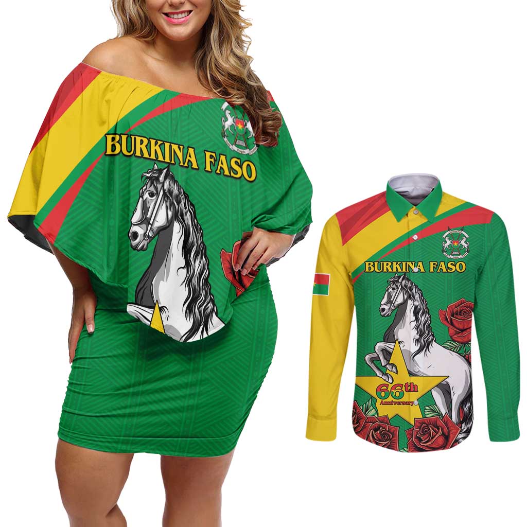 Personalised Burkina Faso Republic Day Couples Matching Off Shoulder Short Dress and Long Sleeve Button Shirt Happy 66th Anniversary with White Stallion - Wonder Print Shop