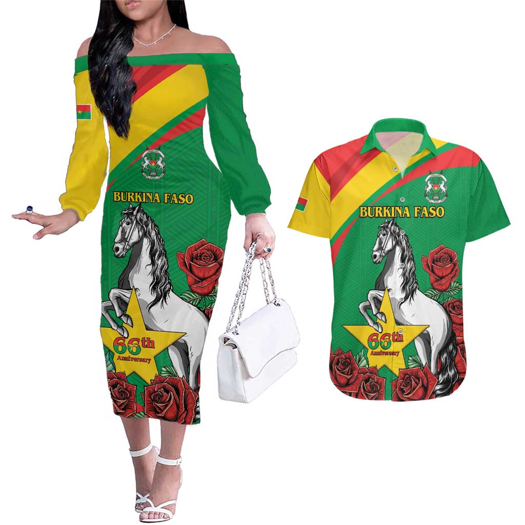 Personalised Burkina Faso Republic Day Couples Matching Off The Shoulder Long Sleeve Dress and Hawaiian Shirt Happy 66th Anniversary with White Stallion - Wonder Print Shop