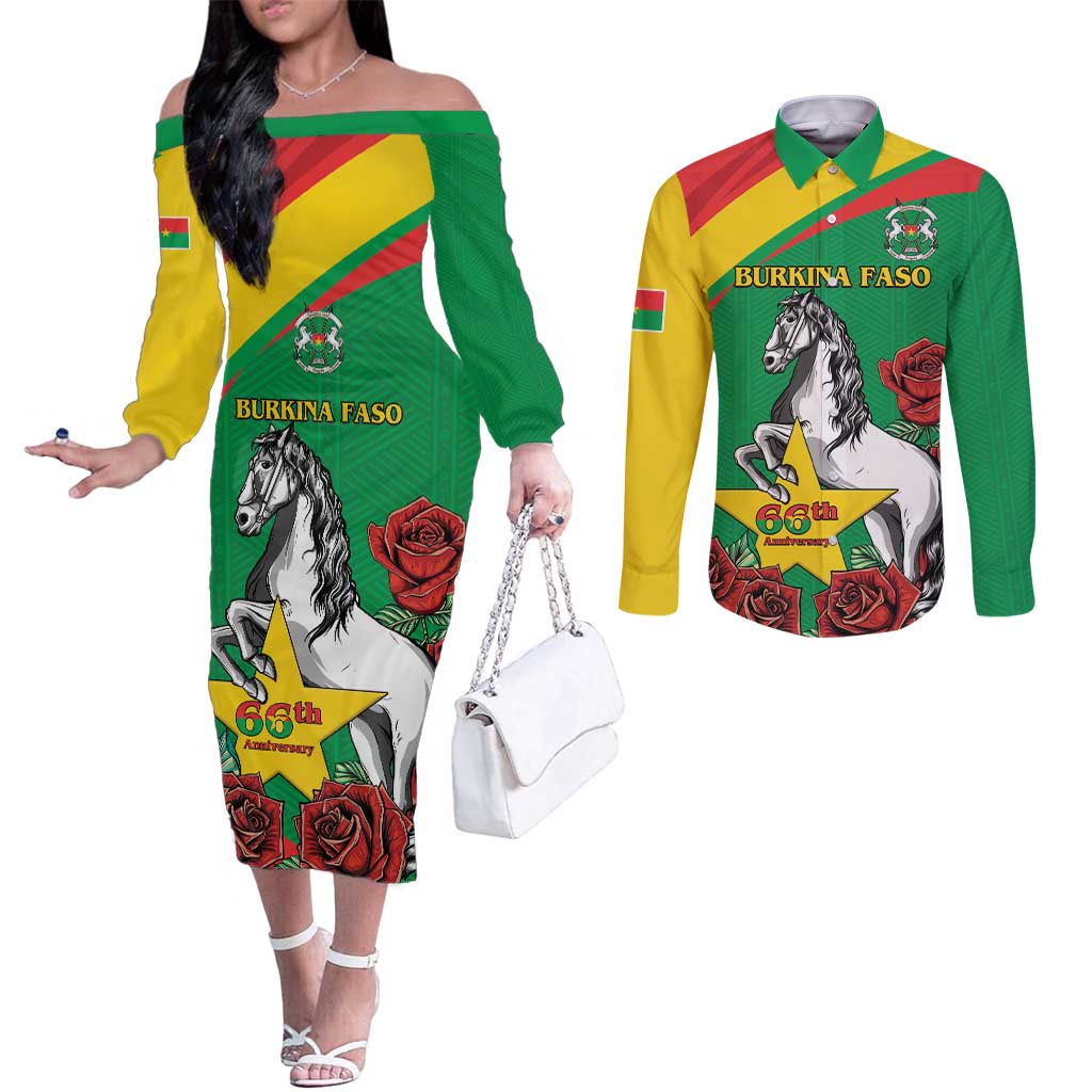 Personalised Burkina Faso Republic Day Couples Matching Off The Shoulder Long Sleeve Dress and Long Sleeve Button Shirt Happy 66th Anniversary with White Stallion